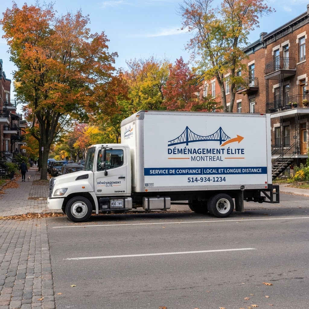 Camion de déménagement blanc stationné dans une rue de Montréal